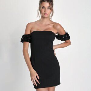 Lulus Chic Stunner Black Velvet Sequin‎ Off-The-Shoulder Mini Dress Size Medium